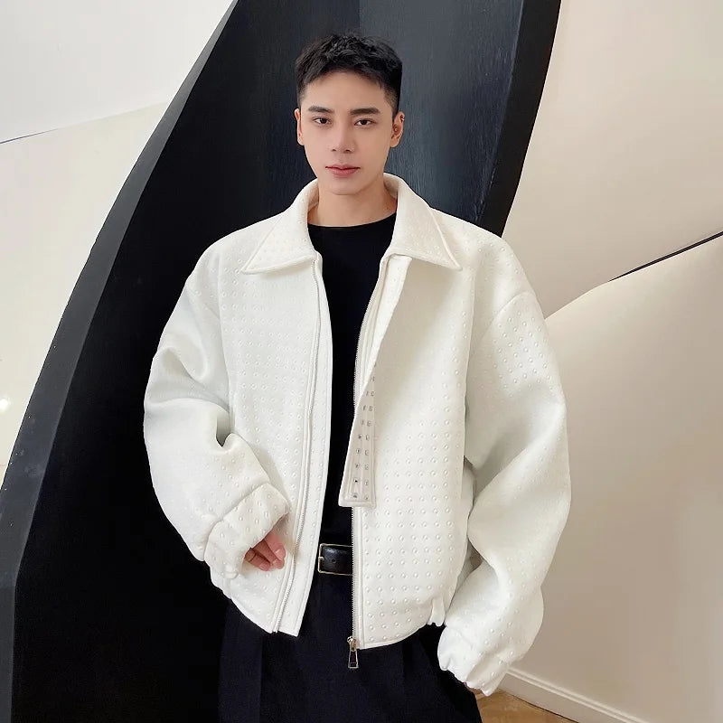 Metal Rivet Design Loose Fit Stand Collar Zipper Jaet Men's Outerwear Casual Winter Coat Youth Trend Polyester Fabric