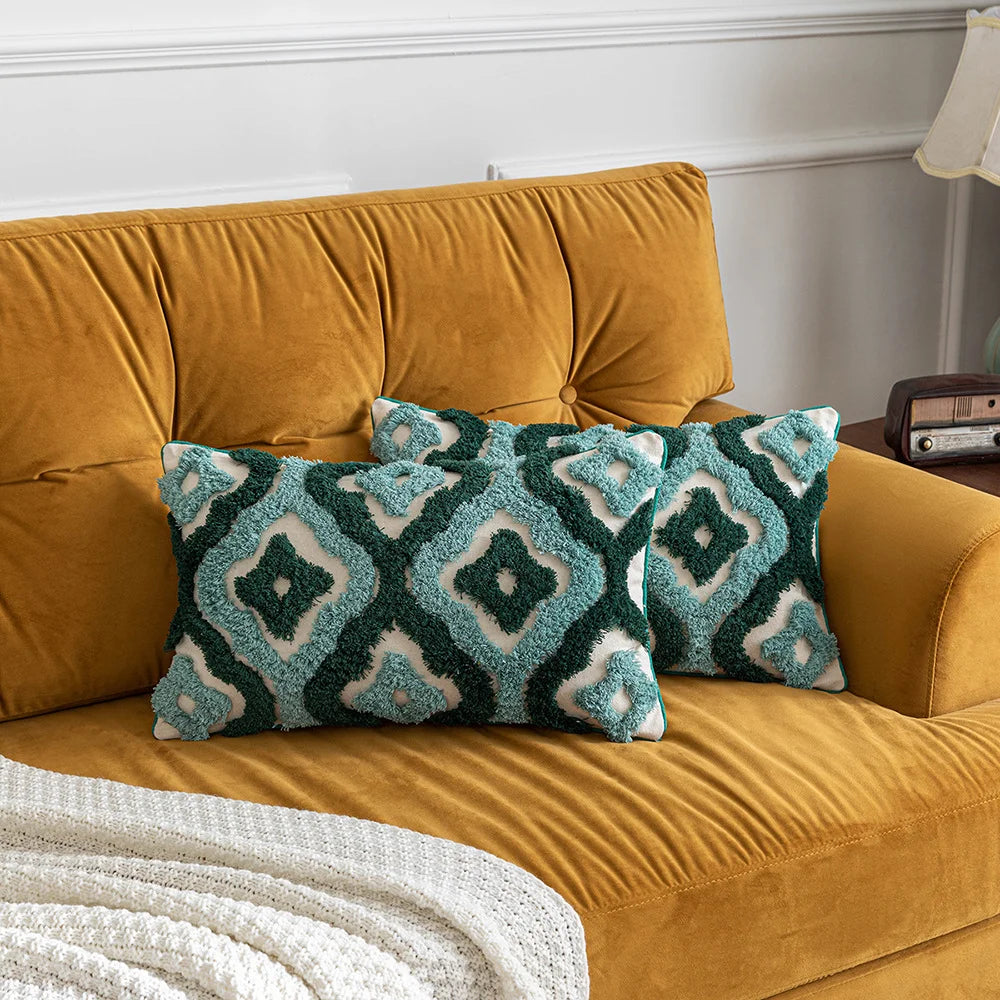 Blue Green Boho Tufted Pillow Covers Decorative Geometric Cotton Canvas Cushion Cover Sofa Throw Pillow Case Bed Rest Pillowslip