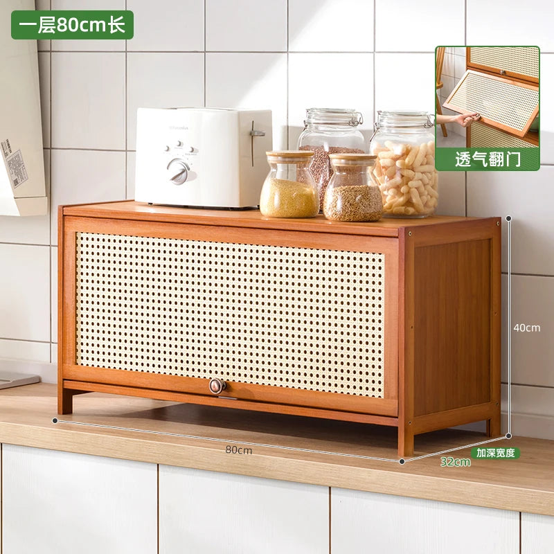 Kitchen Storage Cabinet with Handle, Mesh Door Microwave Oven Rack, Floor Standing Spice Organizer, Multi-Layer Tableware Shelf