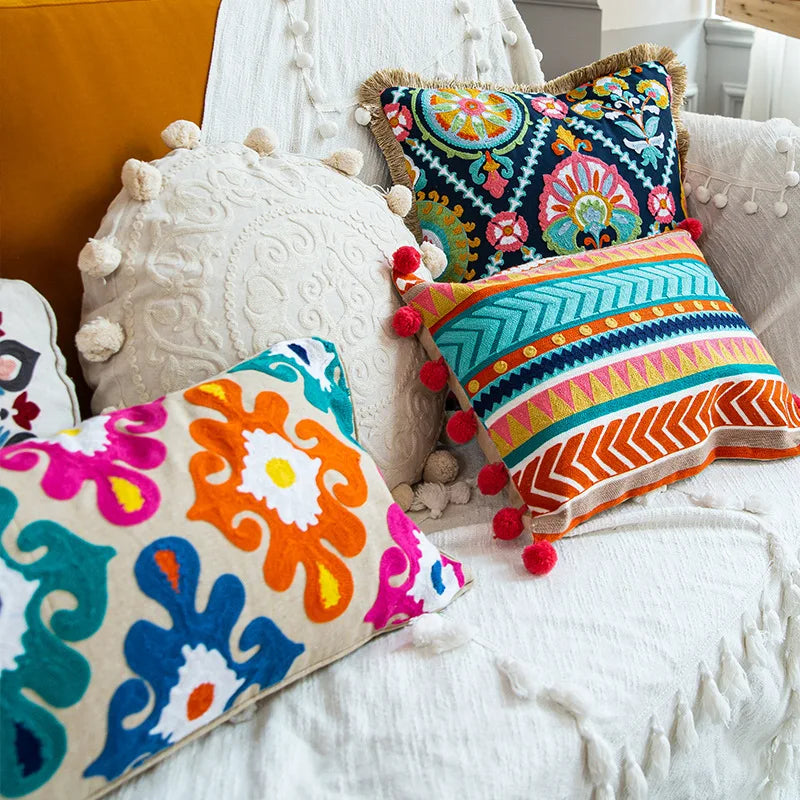 Nordic Ethnic Style Cushion Cover Cotton Moroccan Handmade Embroidery Cotton Tassel Throw Pillow Cover Living Room Home Decor