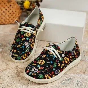 Loafers Women's Christmas Snowman Elk Graphic Print Lace-up Round T Women's Vulcanize Shoes Canvas Women Flat Shoes Zapatos - Free Item Weekend (50% off).