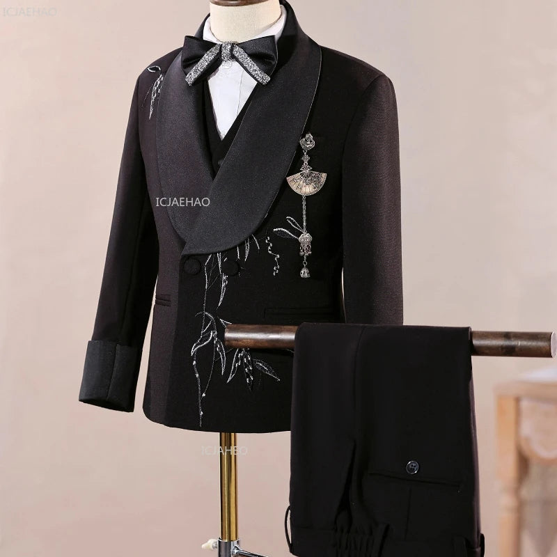 Boys Black Suit Three Piece Set Performance Gown Host Formal Wear Choir Stage Costume Birthday Party Evening Celebration Clothes