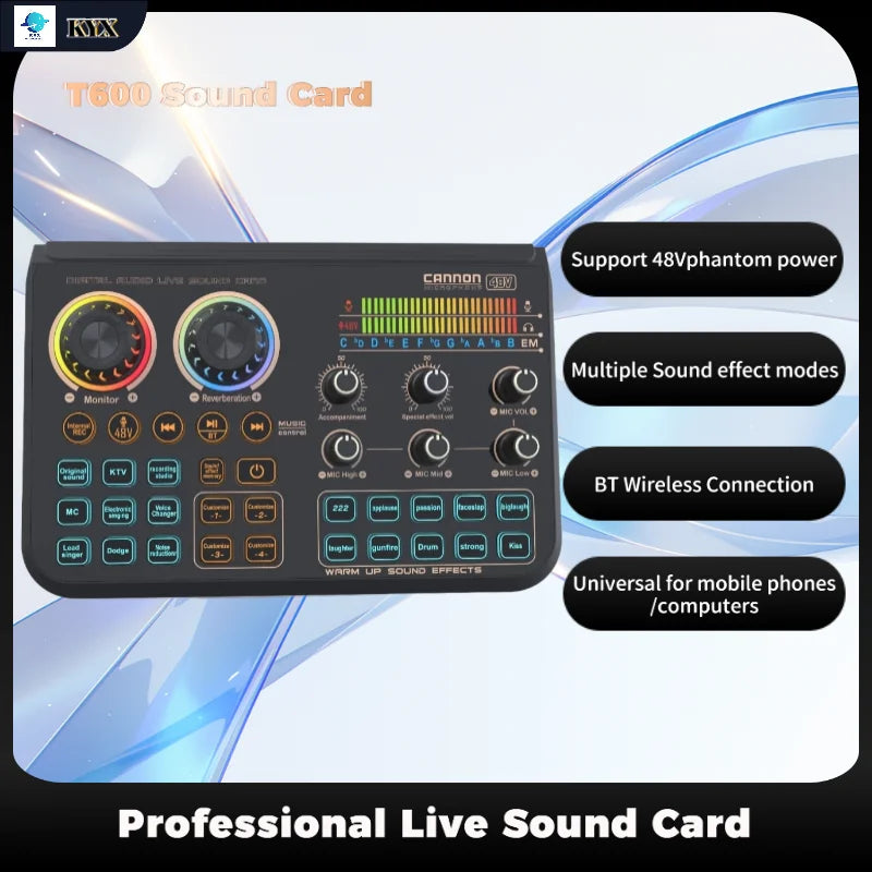 T600 Sound Card 48V Audio interface Mixer Audio Professionale Voice Changer For Karaoke Studio Vlog Recording Live Streaming PC