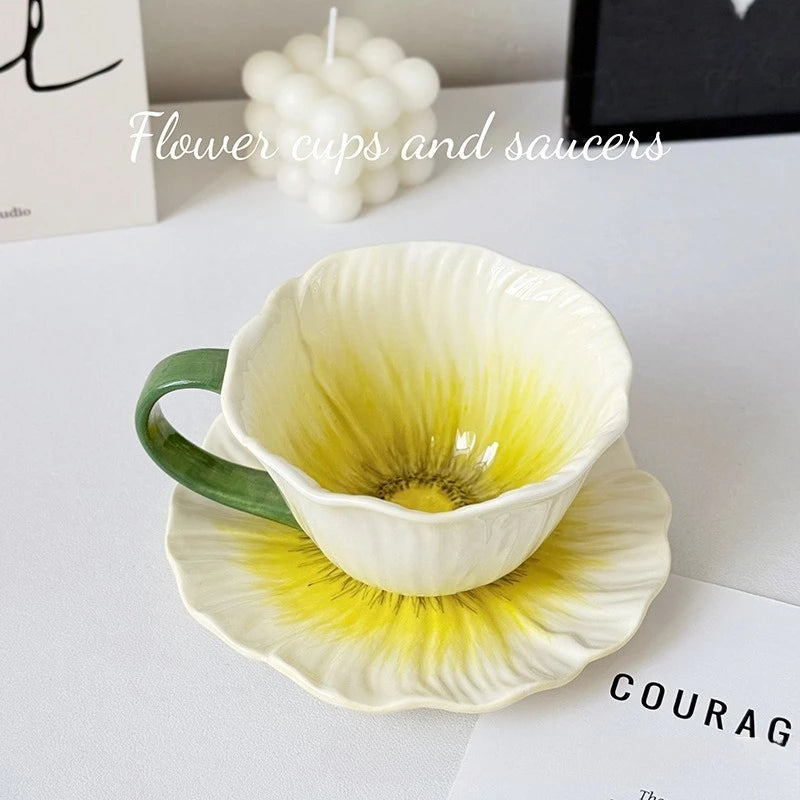 350Ml Ceramic Flower Coffee Cup Design Sense Niche Women High Value Latte Cups Beautiful  Saucer Set  Tea Cup Set Coffee Mug