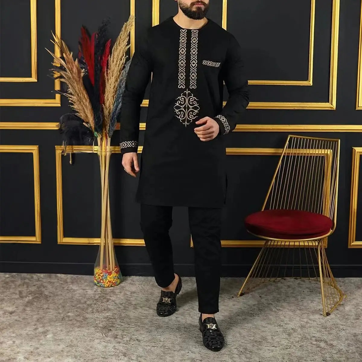 Kaftan Luxury Designer Men's Set African Clothing Men Suit Solid Color Embroidered Top and Sweatpant 2Pcs Festive Wedding Simple