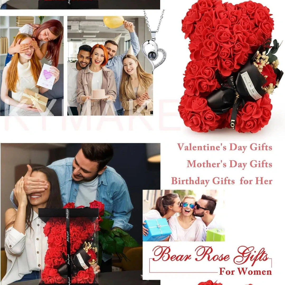 Valentines Gifts for Women,Rose Bear Birthday Mother's Day Valentine's Gifts for Her, Rose Teddy Bear with I Love You Necklace