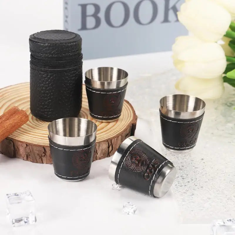 4Pcs/Set Wine Beer Whisky Cup Camping Tableware Outdoor Travel Cups Stainless Steel Cup With PU Leather Portable Coffee