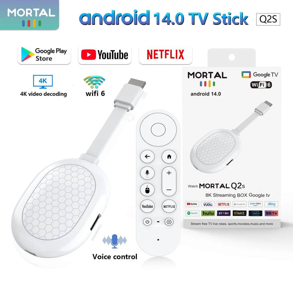 Smart TV stick Android14 Allwinner H313 Mortal Q2S Chromecast Voice remote WiFi6 4K@60fps WiFi6 Blueooth 2GB8GB16GB Streaming