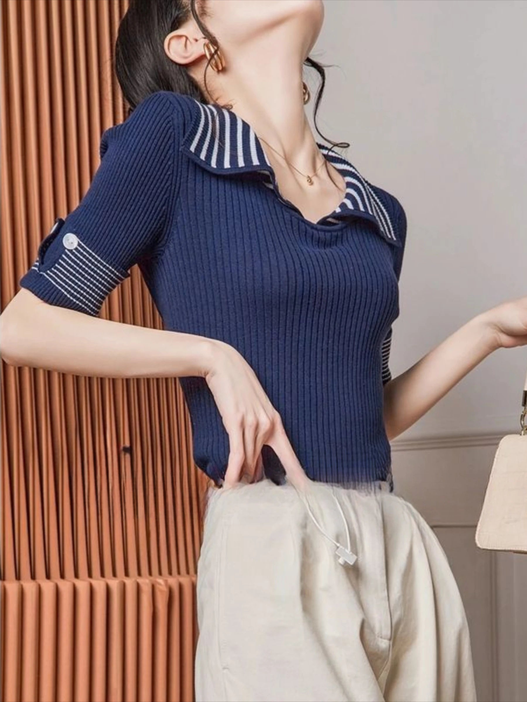 Polo Neck Shirts For Women Black White Short Sleeve Tee T-shirt Woman Clothing Tops Knit New Offer Trend Popular With Collar V
