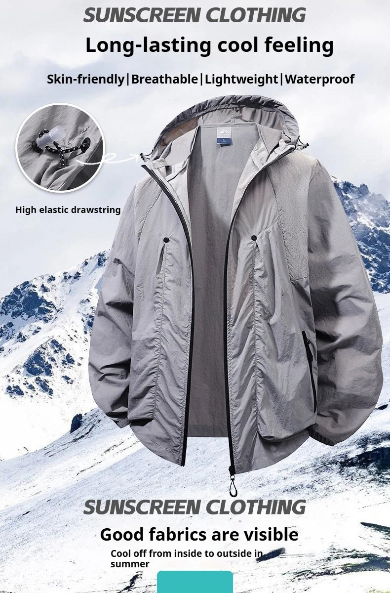Men's Summer Sun Protection Hooded Jacket Ultra-thin Breathable UV Fast Drying Ice Silk Outdoor Hiking Camping Clothing