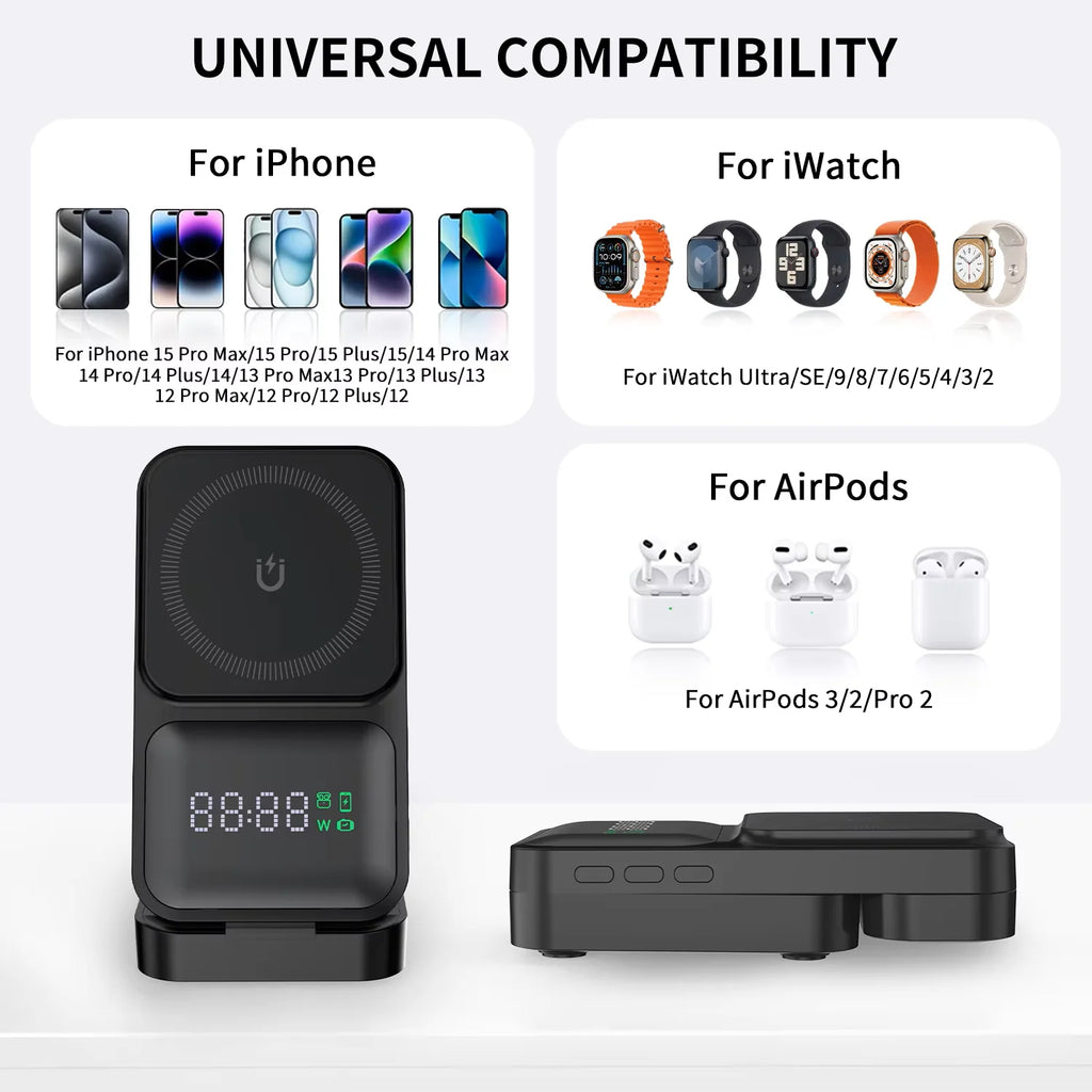 New Folding 3-in-1 Wireless Charger 15W Magnetic Wireless Charger Comes With Clock and Power Display functions For Phones
