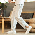 Chinese Style Striped Harem Pants Mens Breathable Cotton Linen Wide Leg Pants Bifurcation Casual Bloomers Fashion Trousers
