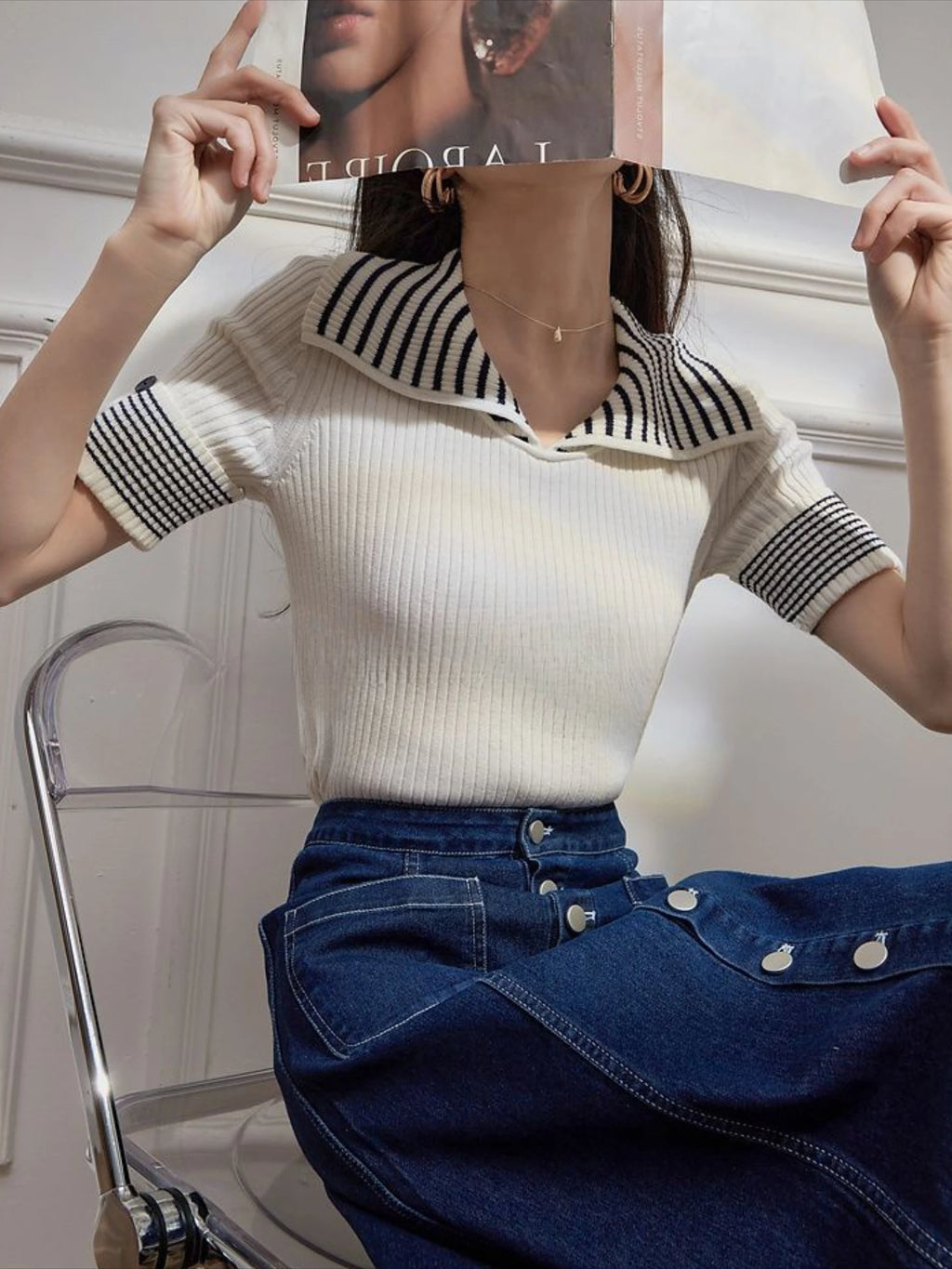 Polo Neck Shirts For Women Black White Short Sleeve Tee T-shirt Woman Clothing Tops Knit New Offer Trend Popular With Collar V