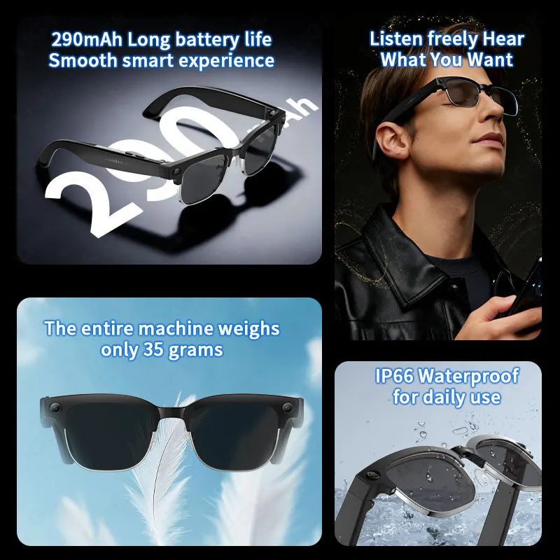 AI Smart Glasses 8 Million Pixels Recording Videos Photo Recognition Answer Translation 290mAh IP66 Waterproof Bluetooth Glasses