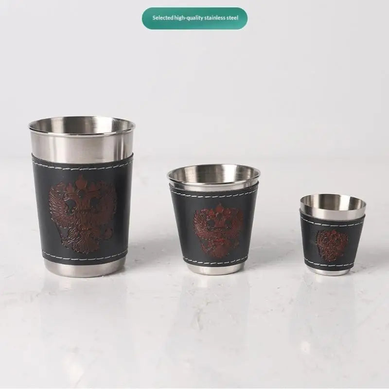 4Pcs/Set Wine Beer Whisky Cup Camping Tableware Outdoor Travel Cups Stainless Steel Cup With PU Leather Portable Coffee