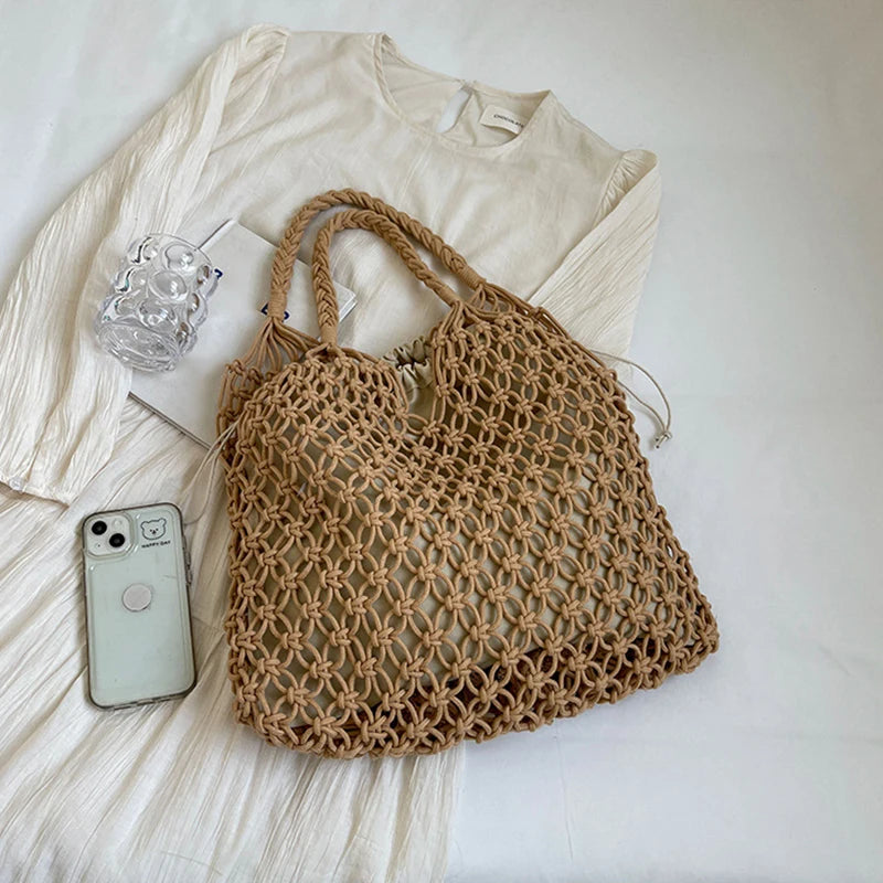 Hand-Woven Bag Women Handmade Hollow Handbag Female Shoulder Bag Big Capacity Summer Casual Travel Beach Tote Purse