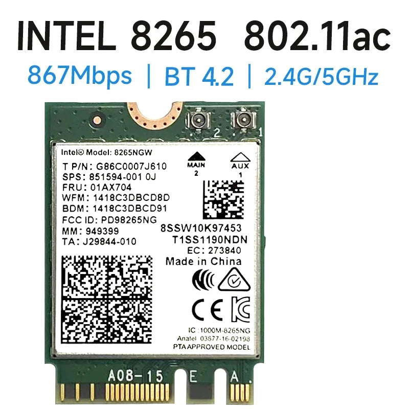 Wireless-AC 8265 Dual Band 2.4G/5Ghz Wifi Bluetooth Wlan For 8265NGW NGFF 802.11ac 867Mbps 2x2 MU-MIMO BT 4.2 Card - Free Items Weekend.