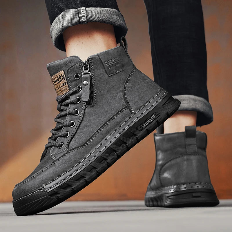 Mens High Top Leather Ankle Boots Comfortable Motorcycle Boots Non Slip Walking Training Shoes Botas Outdoor Treking Footwear
