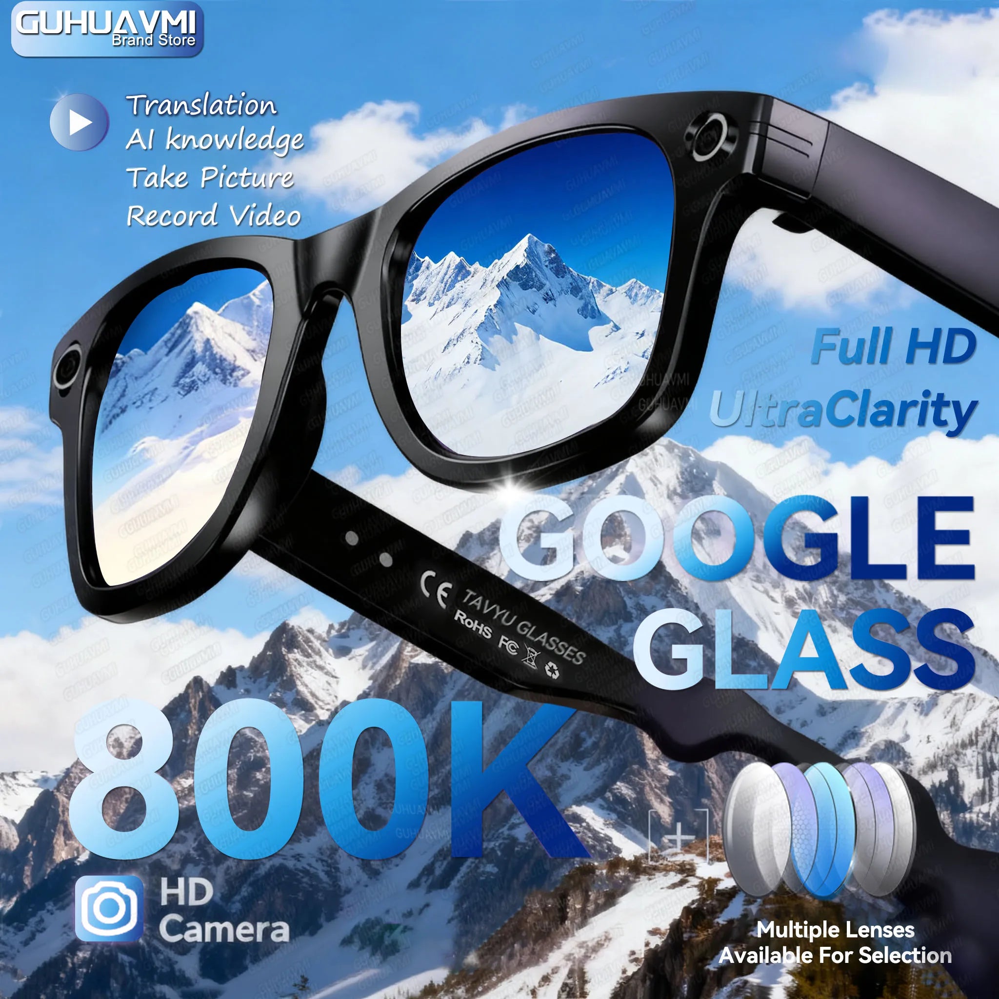 2025 AI Smart Glasses HD 800w Pixel Camera Shooting and Recording Touch Sport Sunglasses Bluetooth Call AI Transmission Glasses