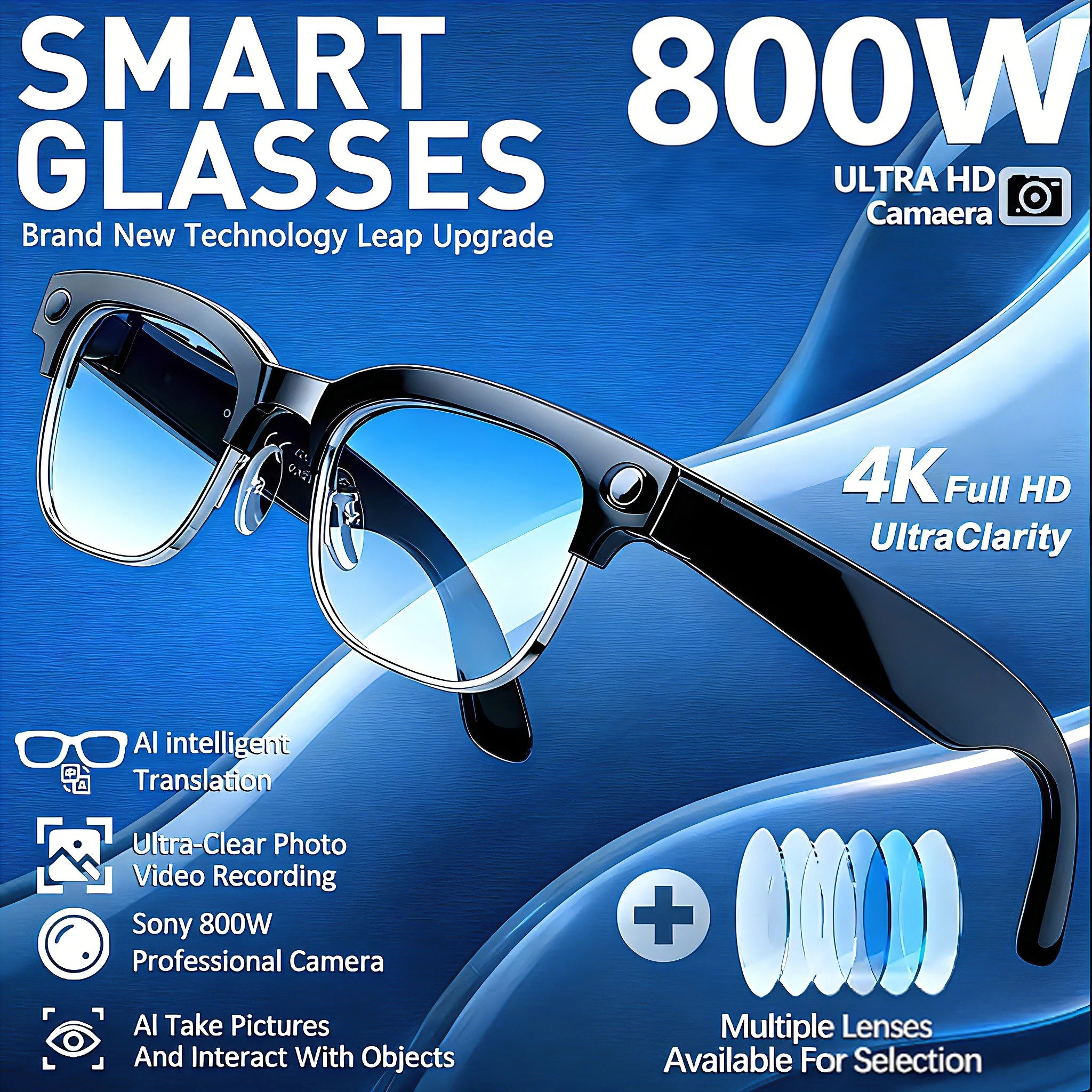2026 New AI Smart Glasses 800W Ultra-Wide HD 4K Camera Video Recording 4GB AI Photo Recognition Bluetooth Call Translation Voice