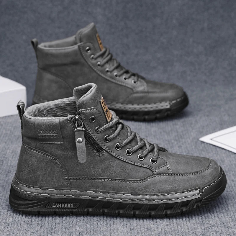Mens High Top Leather Ankle Boots Comfortable Motorcycle Boots Non Slip Walking Training Shoes Botas Outdoor Treking Footwear