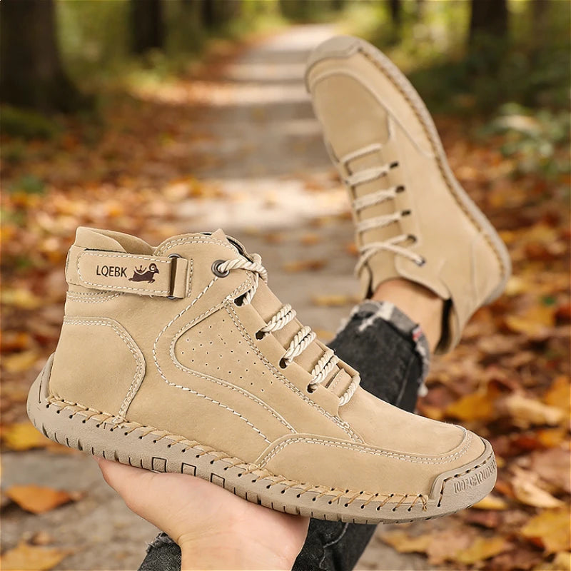 Retro Handmade Stitched Men's High-Top Leather Boots Comfortable Casual Shoes 2026 New Soft Sole Non-Slip Flat Luxury Work Shoes