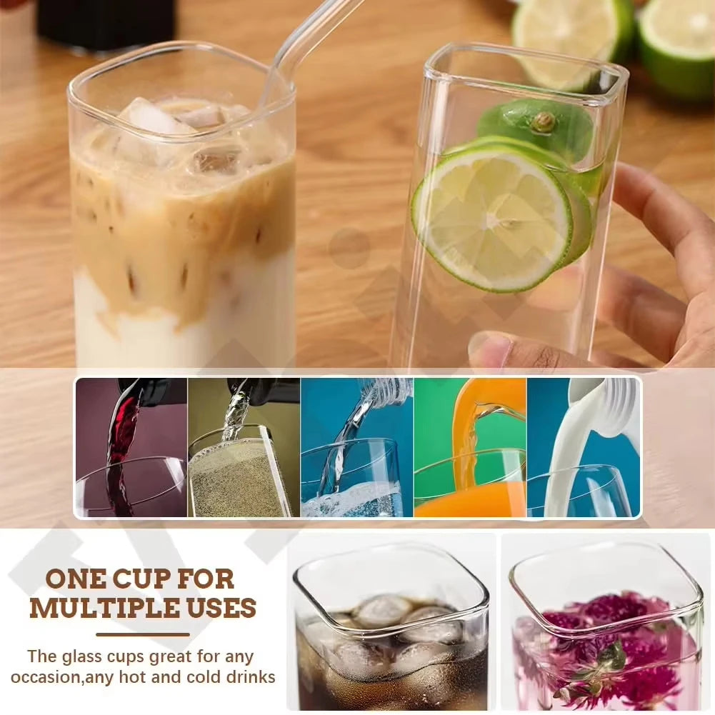 400ML Square Heat-Resistant Glass Coffee Cup with Lid and Straw, Transparent Milk Tea Juice Cup, Home Bar Drinkware