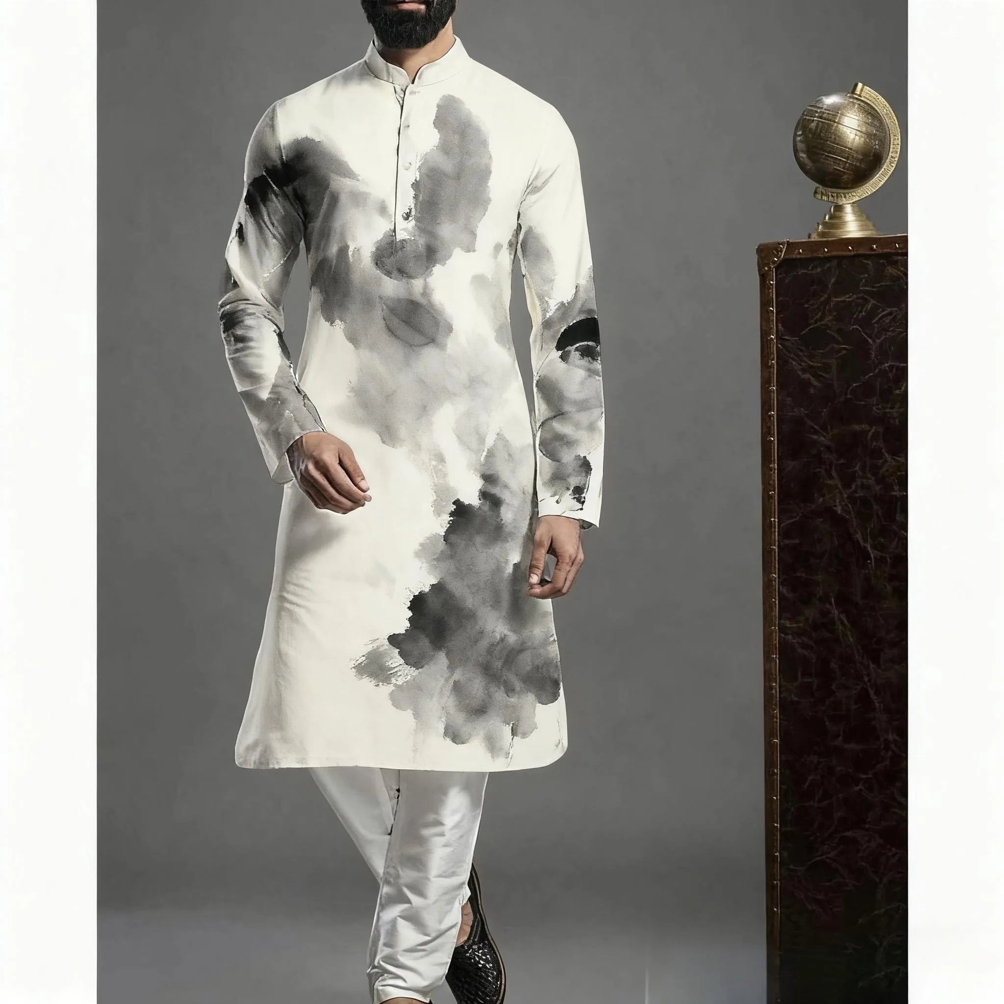 Muslim Kurtta Shirt Men Clothes Folk Kaftan Musulman Kurta Indian Islamic Clothing National Printed Long Sleeve Shirts