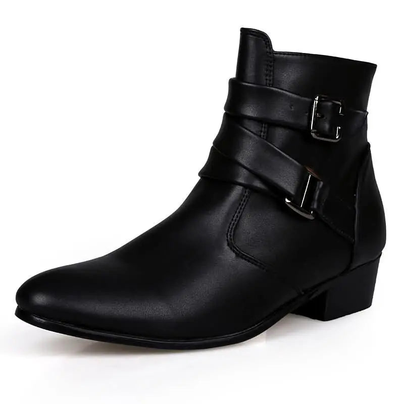 Luxury Men Boots Leather Chelsea Boots High Top Buckle Strap Formal Shoes Black British Style Ankle Boots Pointed Toe White Boot