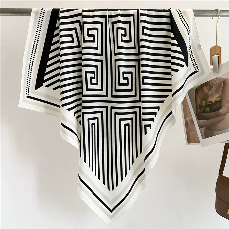 70cm Black and White Striped Back-shaped Scarf for Women Simple Imitation Silk Kerchief Fashion Trendy Headscarf Scarf