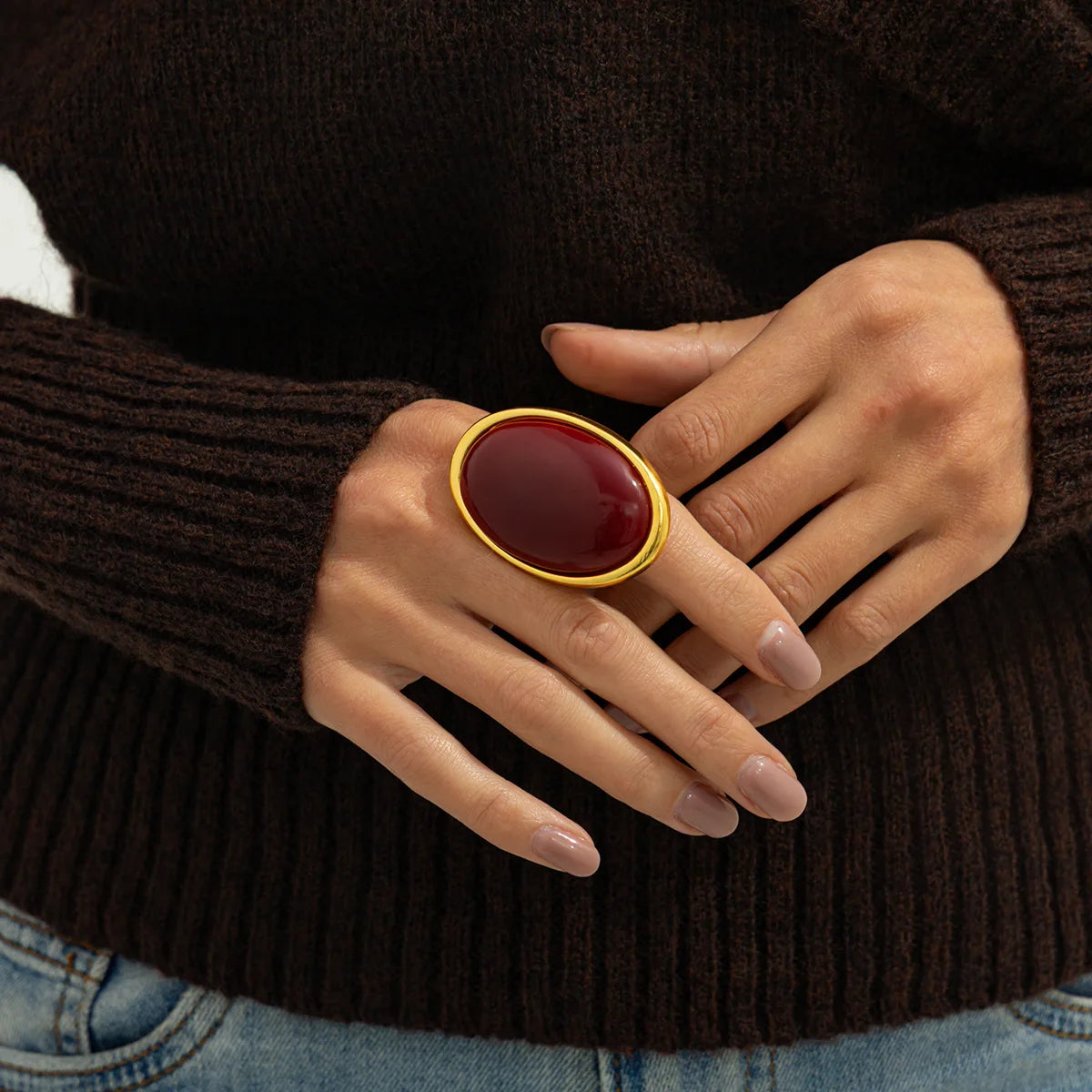 Classic Simple Geometry Red Oval Resin Finger Ring Women Vintage Elegant Rings Charm Party Accessories Jewelry Gift