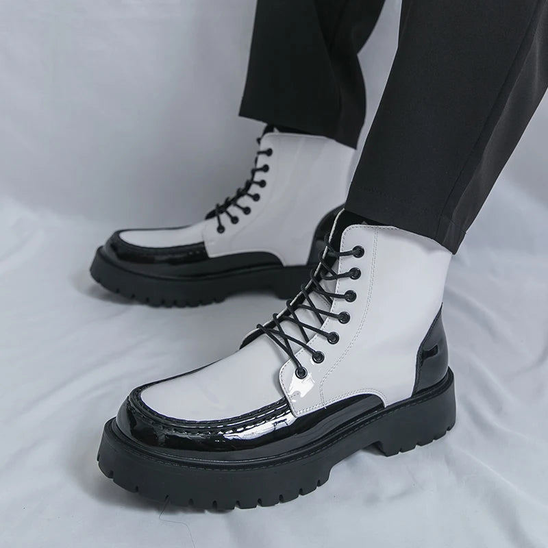 Men High Top Boots with PU Round Toe  Lightweight Sole Comfortable Fashionable Classic Casual Lace Up Side Zipper Men Boots