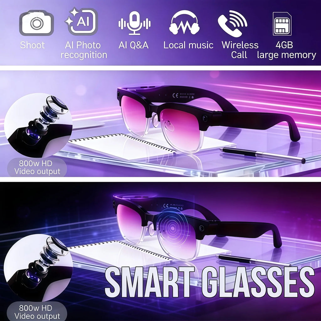 2026 New AI Smart Glasses 800W Ultra-Wide HD 4K Camera Video Recording 4GB AI Photo Recognition Bluetooth Call Translation Voice
