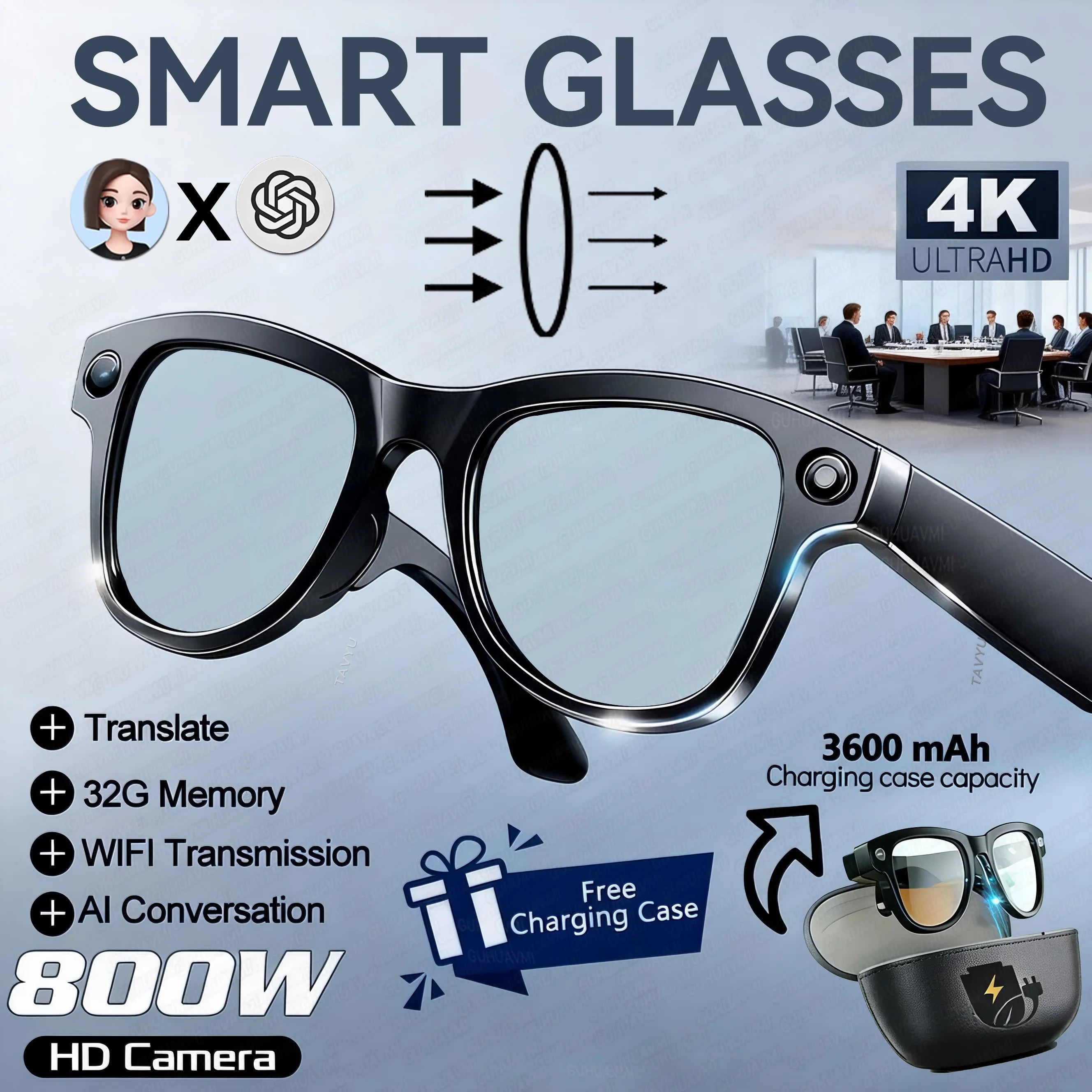 New 800W 4k HD Camera Smart Glasses Men 3600mAh Power Bank 100+ Languages Translation Recording Videos Music Player Call Glasses