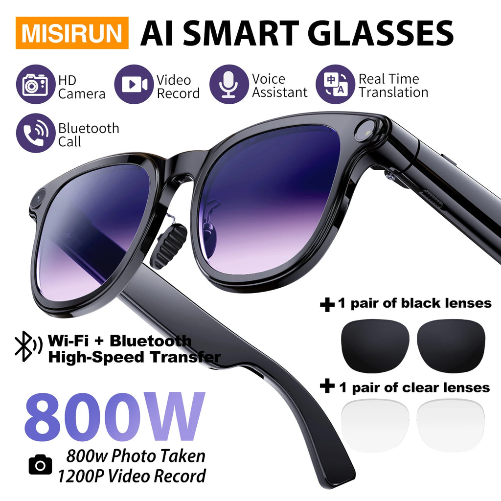 Smart AI Glasses 800W HD Camera Photo Video Record Voice Assistant Translation Waterproof Chat GPT Music Bluetooth Smart Glasses
