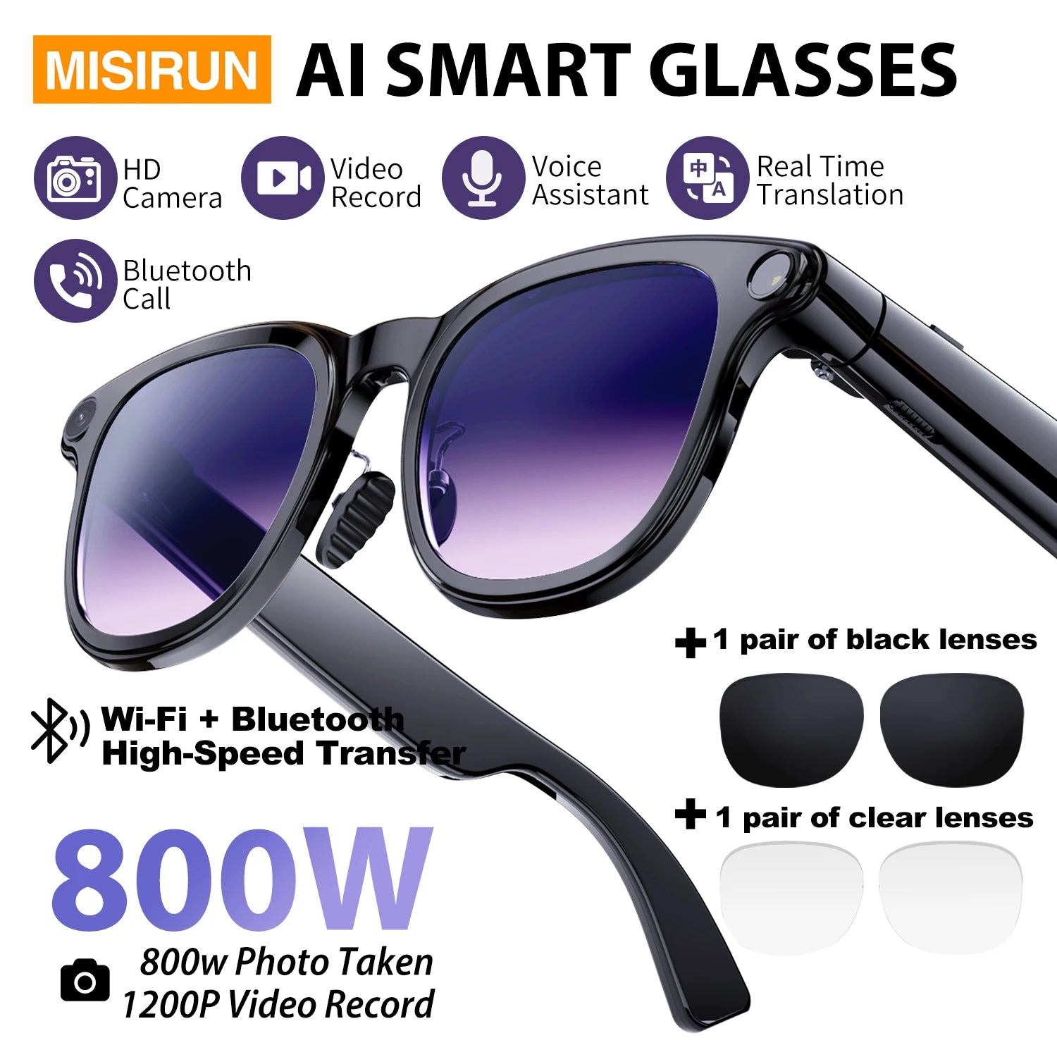 Smart AI Glasses 800W HD Camera Photo Video Record Voice Assistant Translation Waterproof Chat GPT Music Bluetooth Smart Glasses