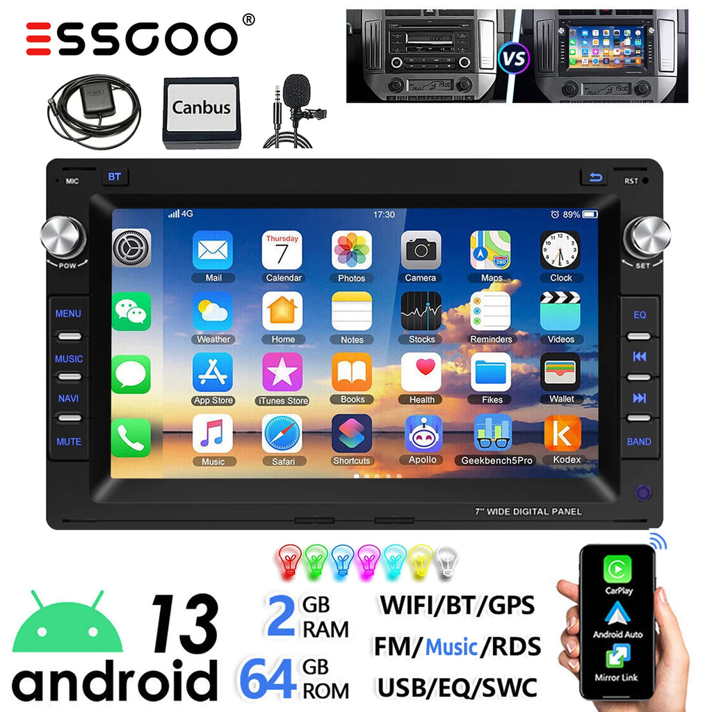 ESSGOO 7" Android 14 2+64G Wireless Apple Carplay Autoradio Für VW Polo 9N Golf 4 Passat B5 T5 GPS NAVI RDS Wifi Bluetooth FM EQ