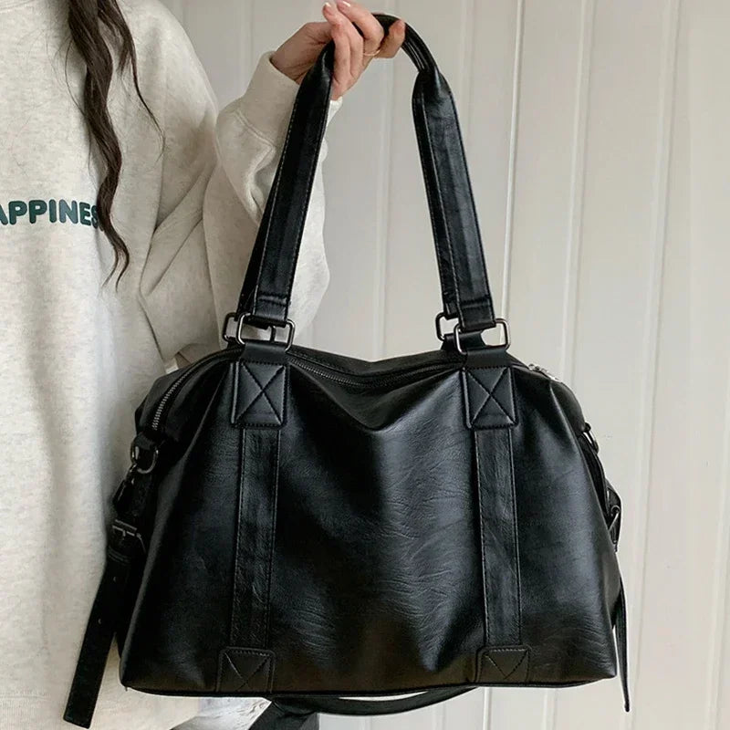 Large Capacity Black Shoulder Bags For Women Large Shopper Bag Solid Color Soft Leather Crossbody Handbag Lady Travel Tote Bag