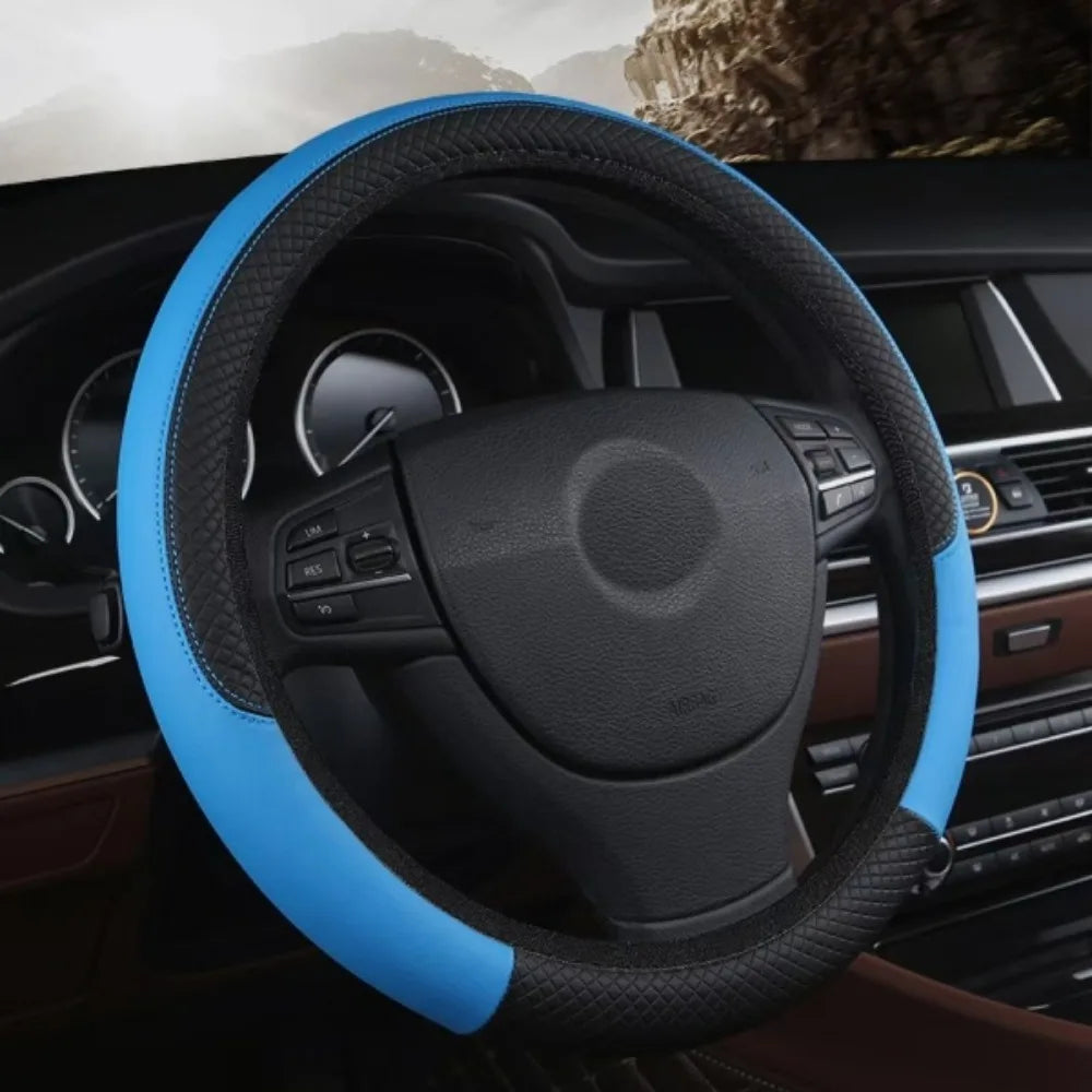 38cm Steering Wheel Cover PU Leather Anti Slip Steer Wheel Protector Fiber Braid Breathable Steering Cover