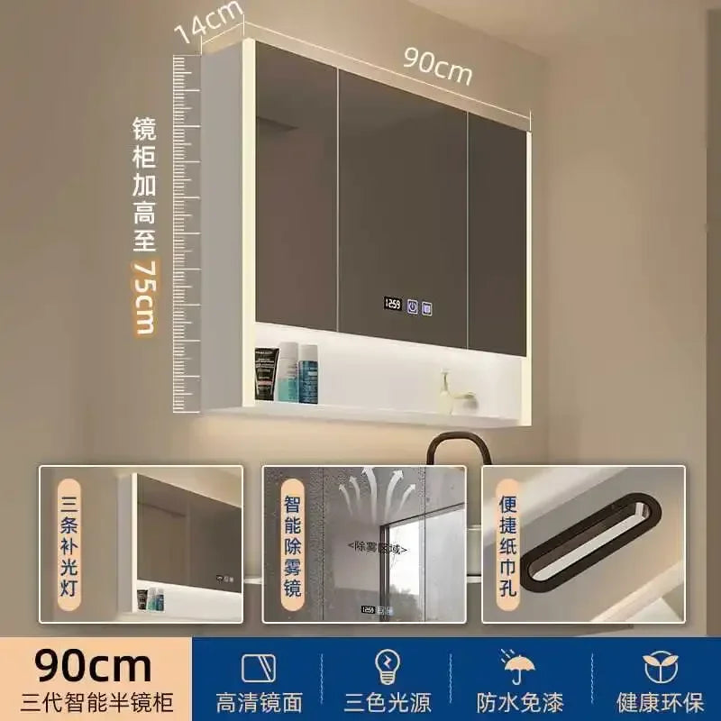 Smart Bathroom Cabinets Makeup Mirror Storage Cabinet LED Light Wall Mirror Cabinet with Time Digital Display Bathroom Furniture