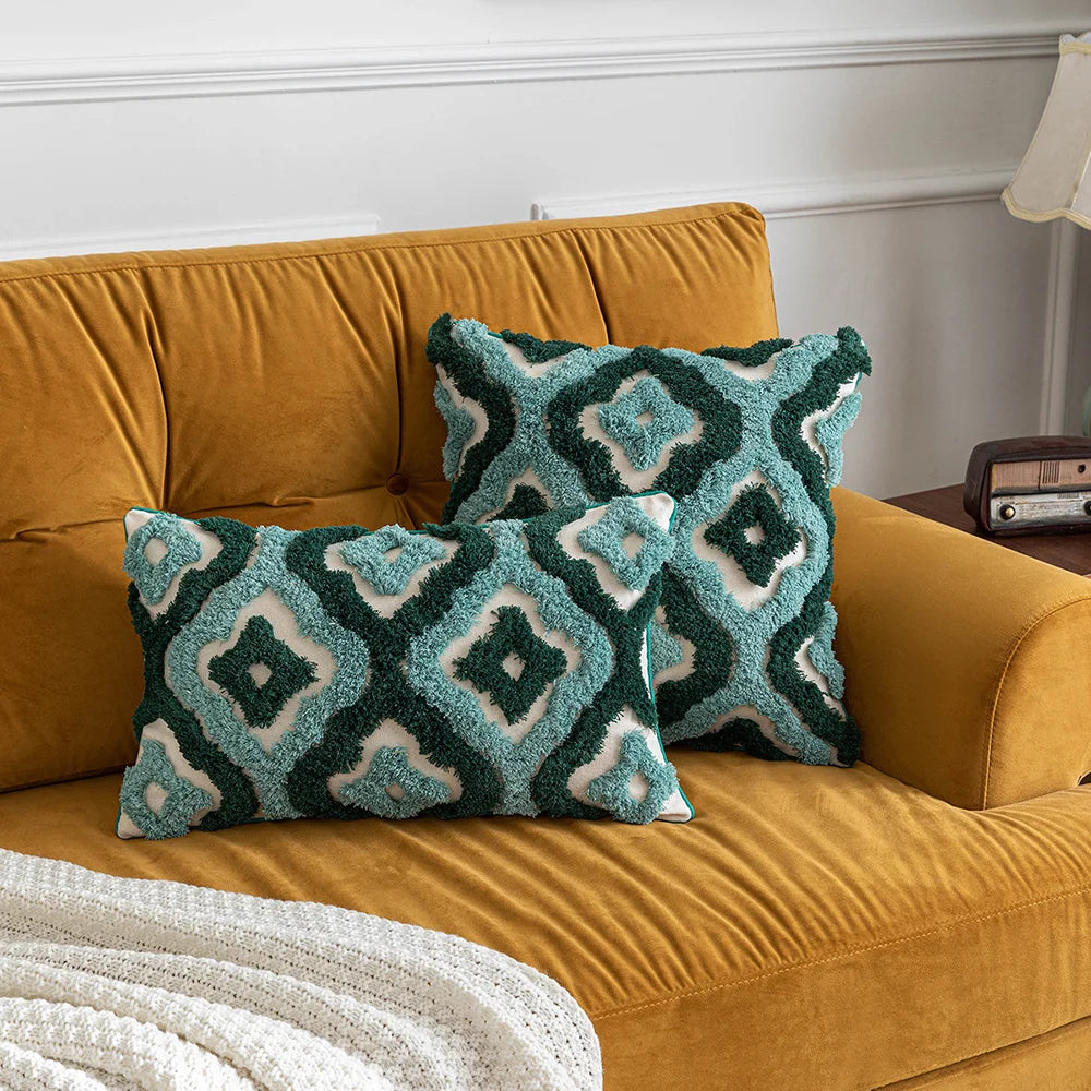 Blue Green Boho Tufted Pillow Covers Decorative Geometric Cotton Canvas Cushion Cover Sofa Throw Pillow Case Bed Rest Pillowslip
