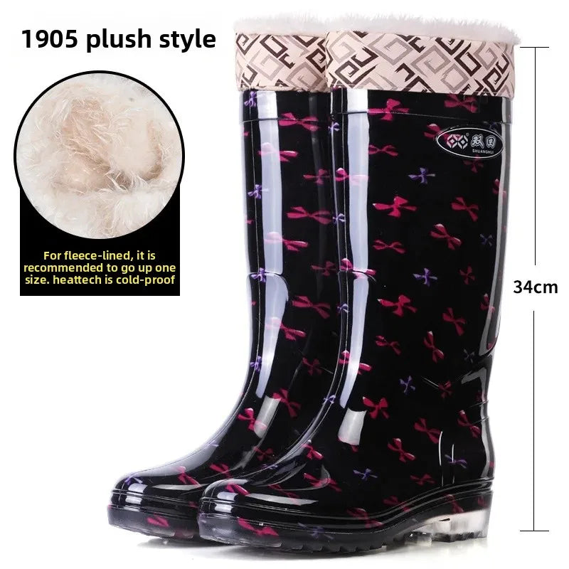 Anti-Slip High-Tube Crystal Flower Ladies Rain Boots PVC Material Kitchen Dining Hall Cleaning Fashionable Water Shoes