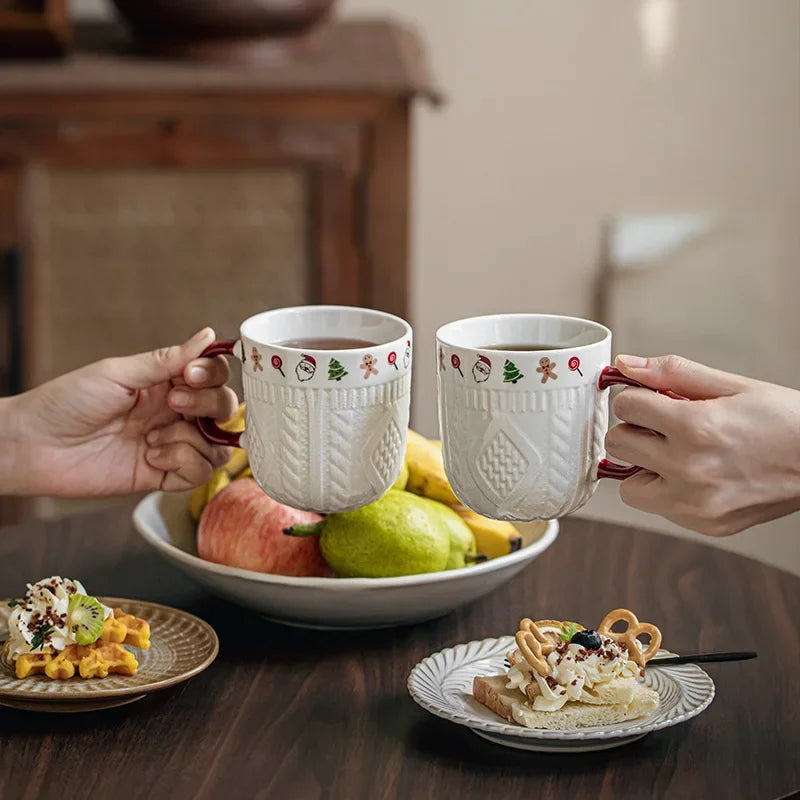 2Pcs/Set 12oz Ceramic Espresso Cups Porcelain Coffee Mugs Set for Tea Latte Cafe Mocha Couple Cozy Sweater Cups Christmas Gift L