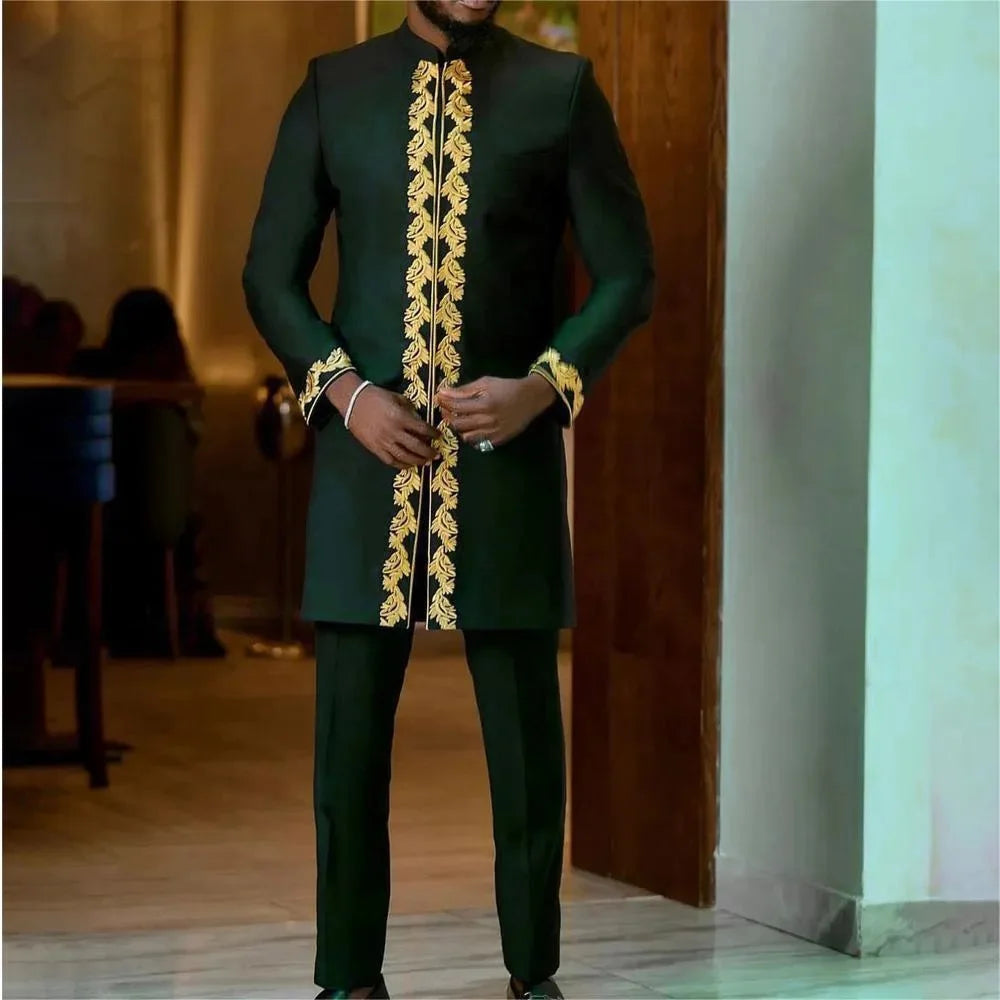 Kaftan Men's Suit African Ethnic Style Long Sleeve Solid Color Casual Suit Men's Traditional Clothing 2-piece Suit