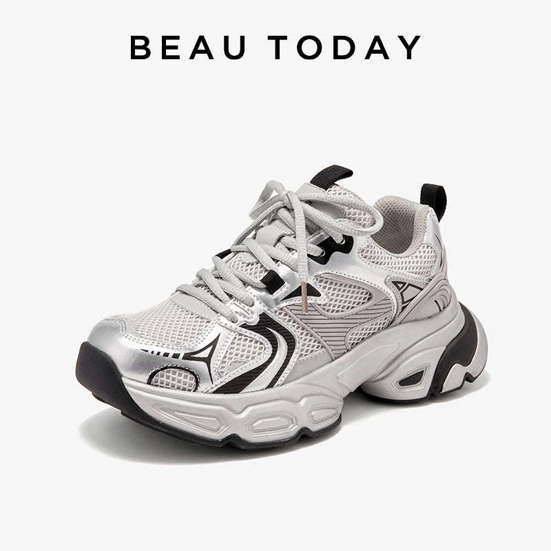 BEAUTODAY Sneakers  Women Mesh Solid Color Patchwork Thick Sole Lace-up 2024 Spring Female Leisure Shoes Handmade 29465