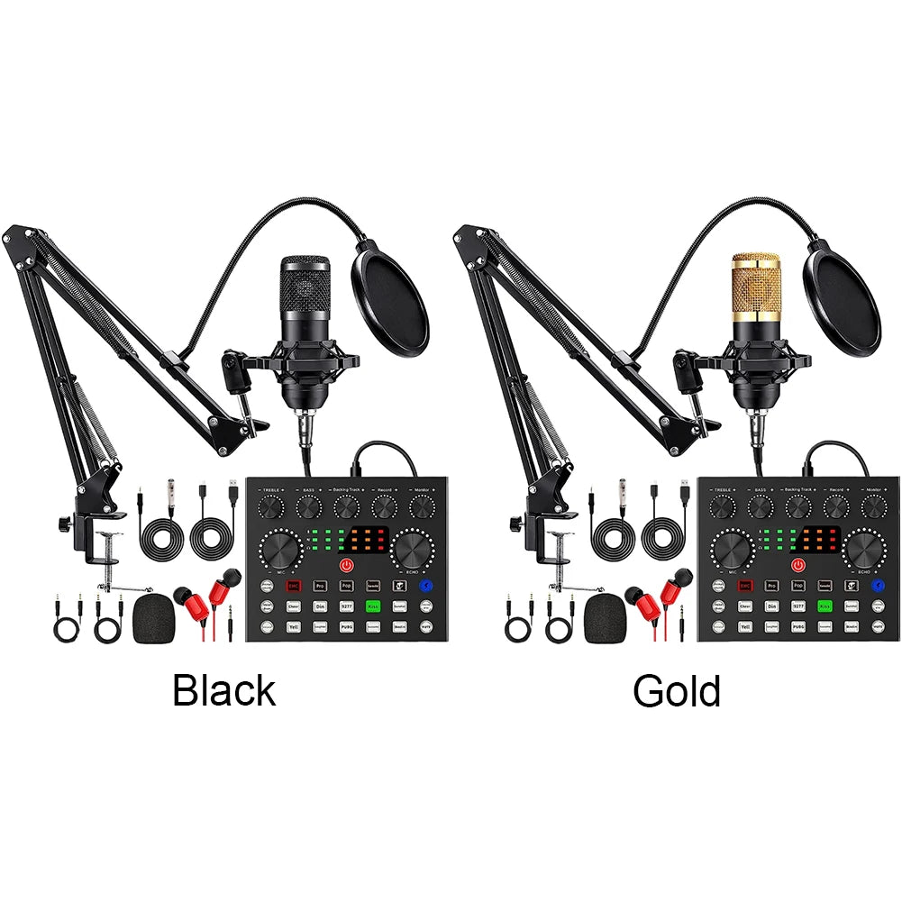 Podcast Equipment with BM800 Microphone and V8 Sound Card Podcast Microphone Bundle Metal Shock Mount  for Phone PC DJ