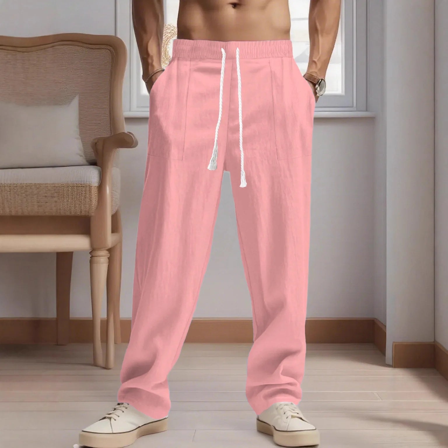 New men's Chinese-style solid-color cotton and linen pants for spring and autumn, with multiple pocket drawstring designs
