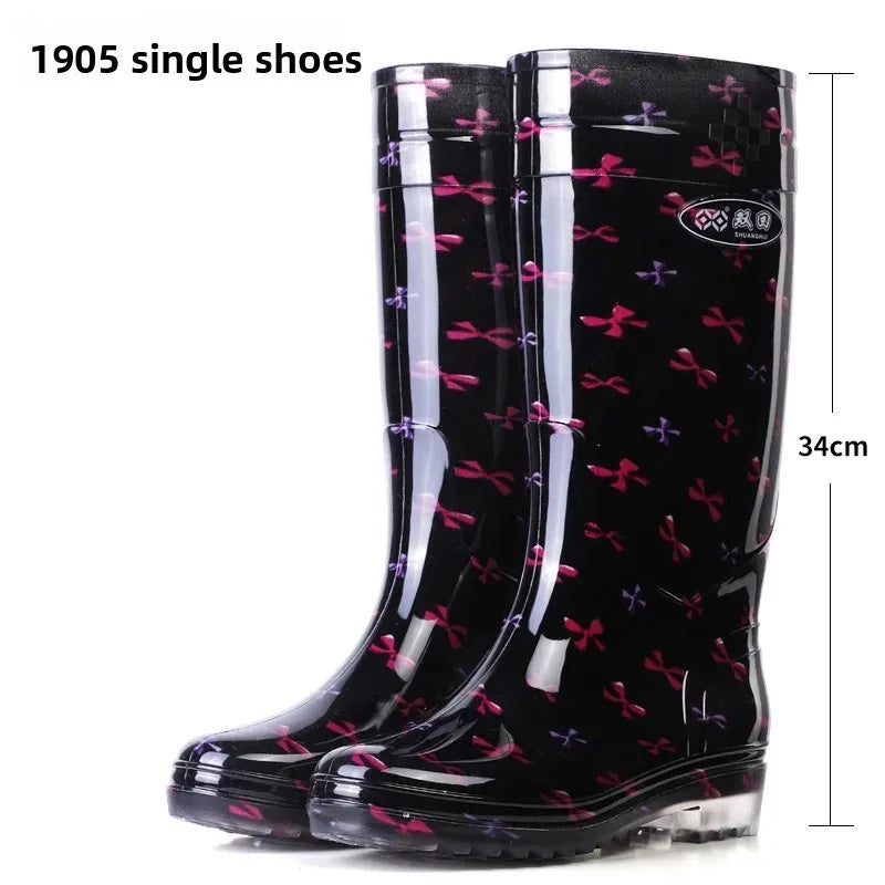 Anti-Slip High-Tube Crystal Flower Ladies Rain Boots PVC Material Kitchen Dining Hall Cleaning Fashionable Water Shoes