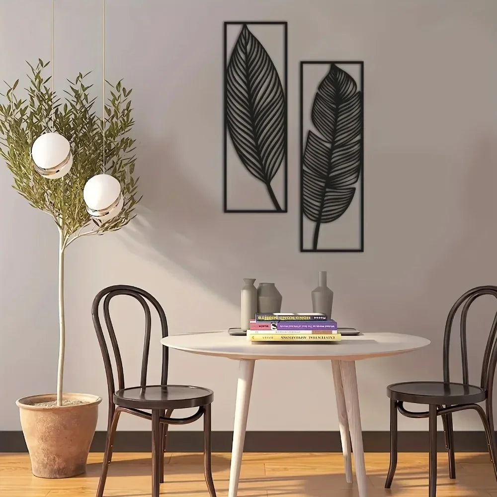 Decorative Leaves Metal Wall Art: Set of 2 for Home Wall Decor Black Metal Hanging Leaves Elegant Iron Art