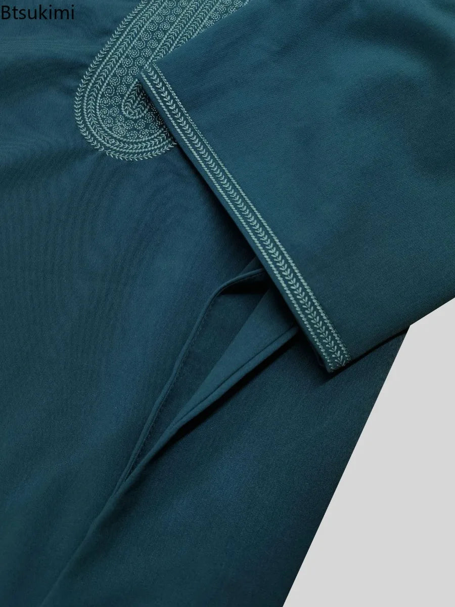 2026 Summer Kaftan Men's Muslim Fashion Abayas Short Sleeve Embroidered Loose Casual Robe Breathable Ethnic Style Moroccan Thobe
